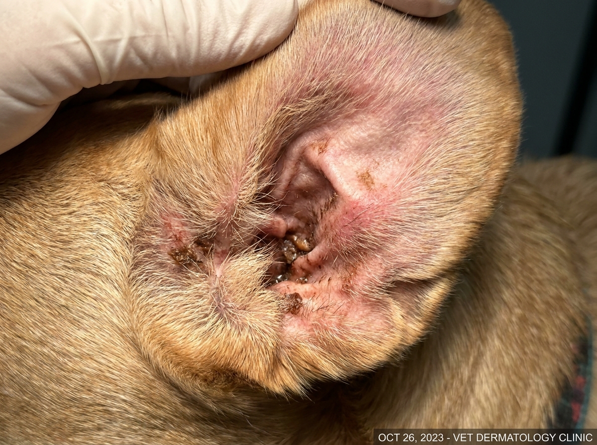 A close-up of a dog's inner ear flap showing characteristic brown waxy discharge from Malassezia overgrowth
