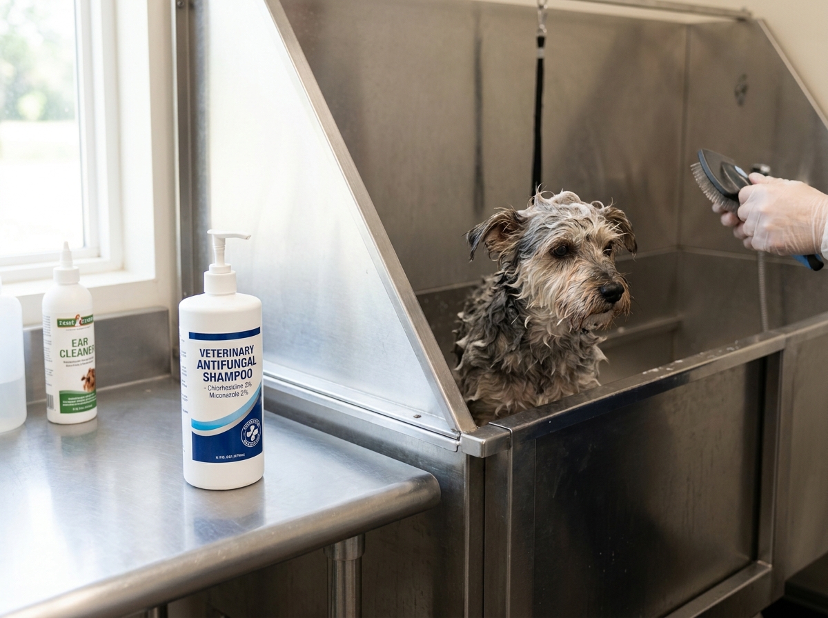 A bottle of 2% chlorhexidine and 2% miconazole shampoo on a bathroom counter next to a small dog waiting for a medicated bath