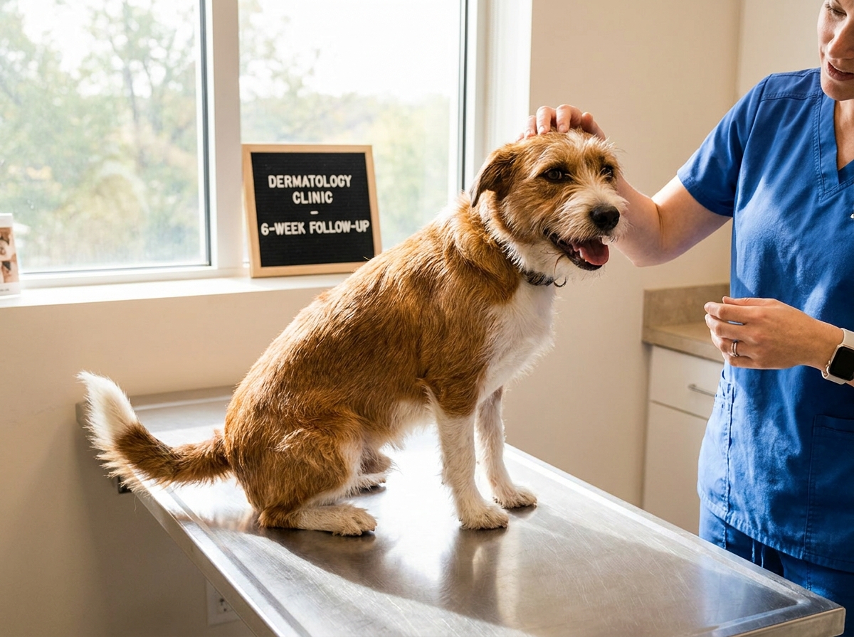 A dog relaxing with a clean coat and clear skin after completing a 6-week Malassezia treatment plan, lying on a vet clinic floor